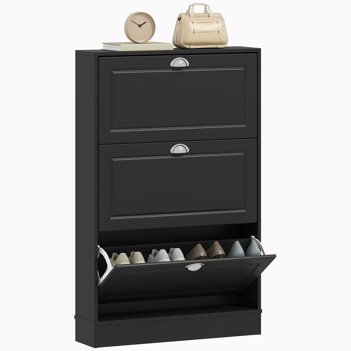 Armoire à chaussures, 3 tiroirs rabattables, contient 12 paires, Noir