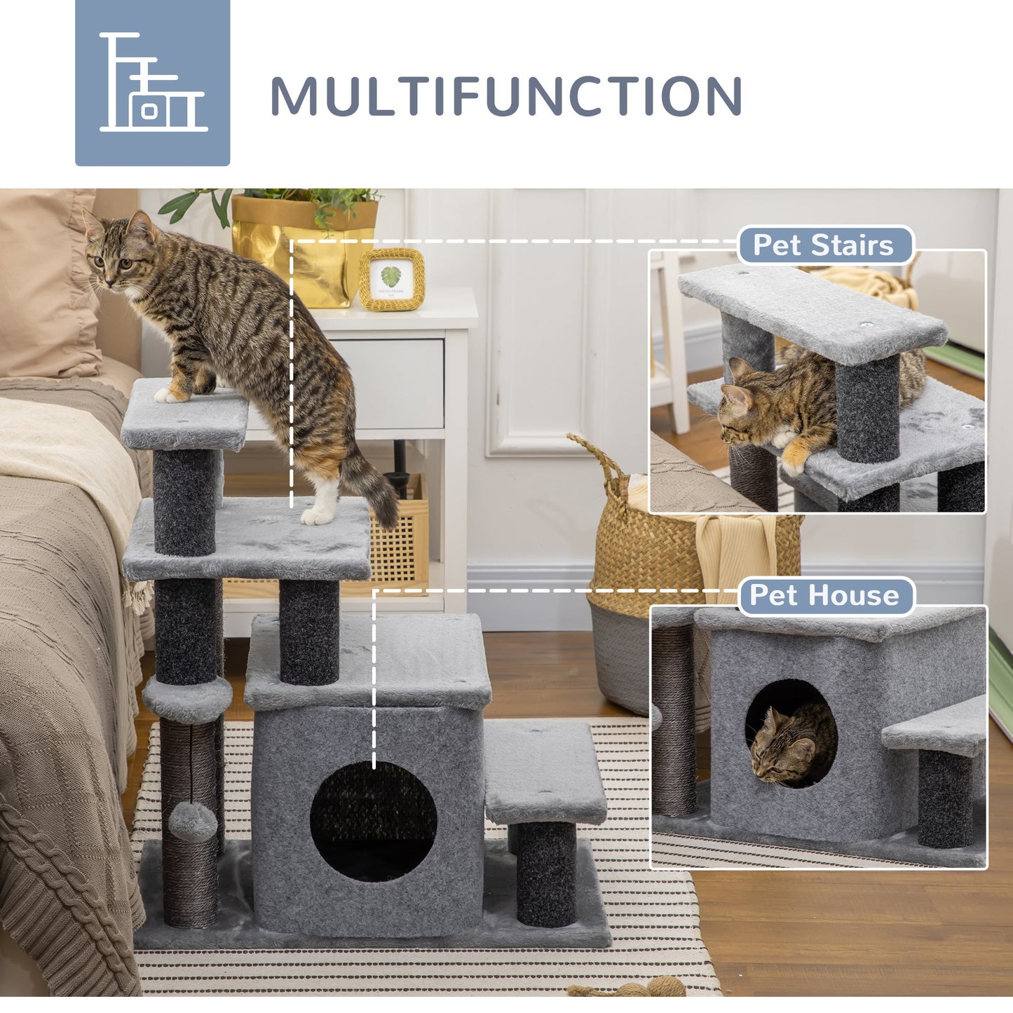 Cat Stairs Pet Steps for Couch Bed with Scratching Posts Condo Ball Toy, 23.6" x 15.7" x 26", Grey at Gallery Canada
