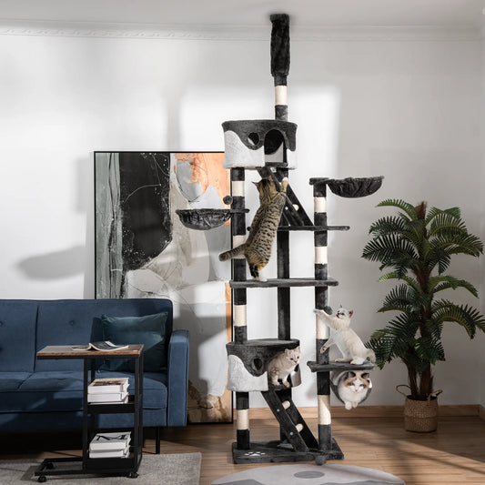 94"-102" Floor to Ceiling Cat Tree, Multi-Level Play House, Scratching Post Floor to Ceiling Cat Trees Dark Grey, White at Gallery Canada