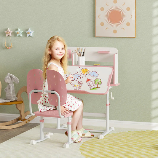 Adjustable Kids Desk and Chair Set, Study Table with Drawer, Pink Kids Desk Sets Pink, White at Gallery Canada