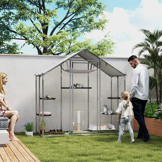 Large Cat Enclosure, Waterproof Cover, 5 Platforms, Hammock Outdoor Cat Enclosures Silver at Gallery Canada