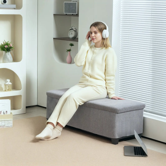 44 Inches Ottoman with Storage, Lid, Legs, Corduroy Bench, Light Grey Storage Ottomans & Benches Light Grey at Gallery Canada