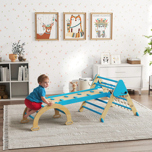 8-in-1 Pikler Triangle Set, Foldable Wooden Climbing Toys, Blue Kids Gym & Playmats Natural, Blue at Gallery Canada