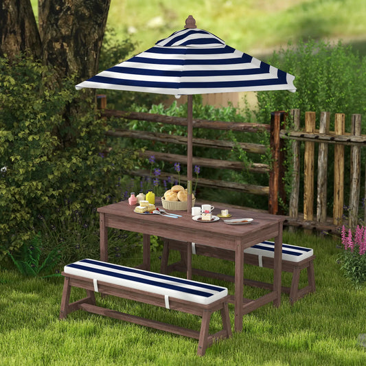 Kids Picnic Table Bench Set with Umbrella, Cushions, Navy Blue