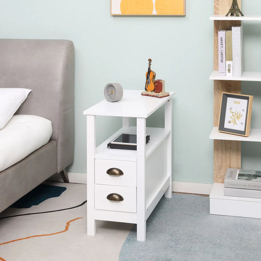 Slim End Table with 2 Drawers, Storage Shelf, White Side Tables White at Gallery Canada