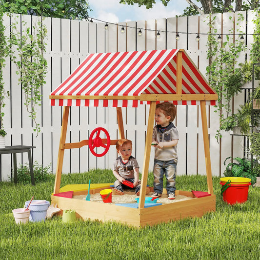 Wooden Kids Sandbox with Cover, 4 Seats, 52" x 40" x 55.5", Yellow Sandboxes & Accessories Yellow, Red, Blue at Gallery Canada