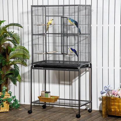 30'' Large Rolling Metal Bird Cage Bird House with Detachable Rolling Stand, Storage Shelf, Wood Perch Food Container - Black at Gallery Canada