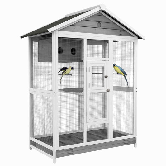 65" Bird Cage Large 2 Doors Wooden Aviary for Canary with Standing Pole Nest Slide-out Tray, for Indoor Outdoor, Grey - Gallery Canada