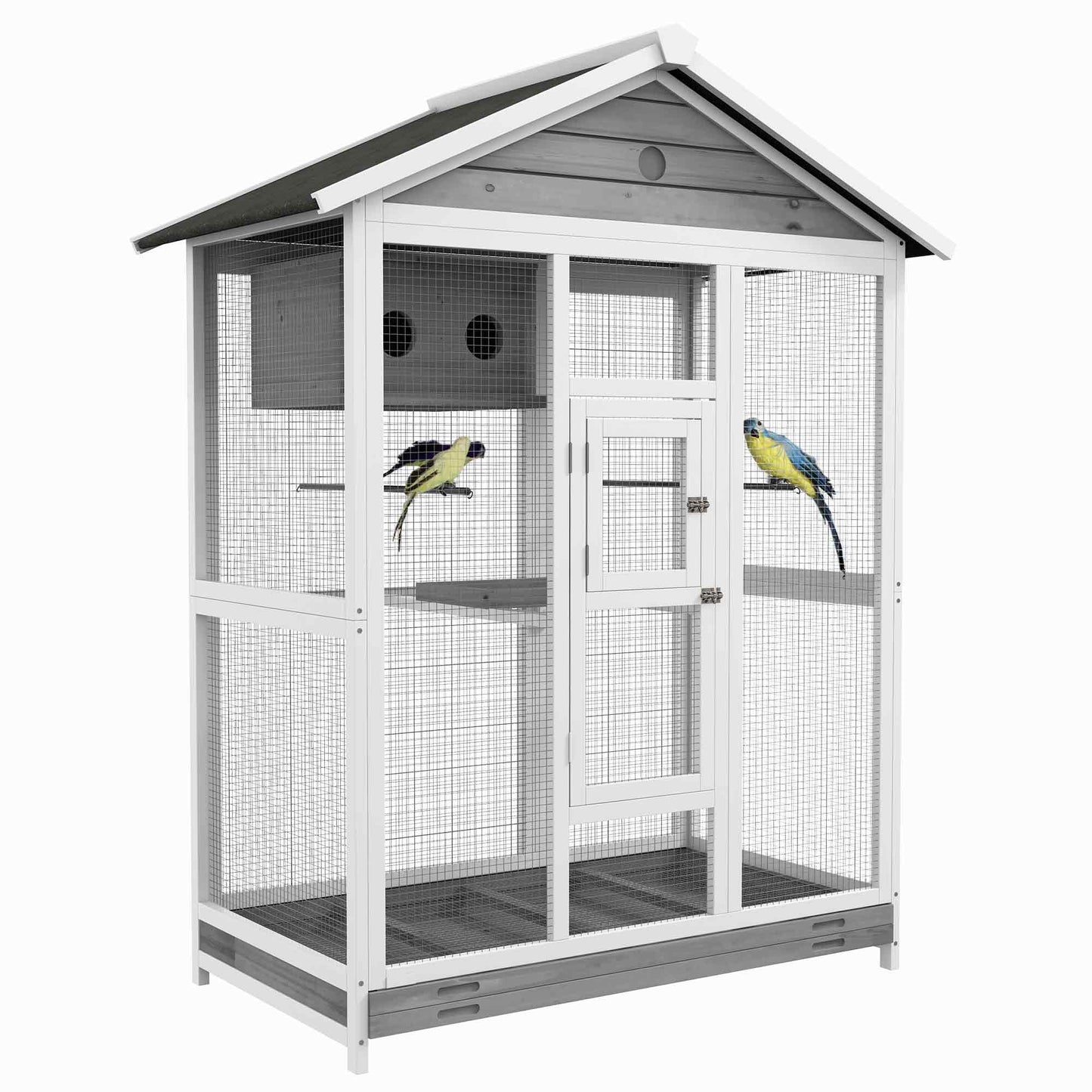 65" Bird Cage Large 2 Doors Wooden Aviary for Canary with Standing Pole Nest Slide-out Tray, for Indoor Outdoor, Grey at Gallery Canada