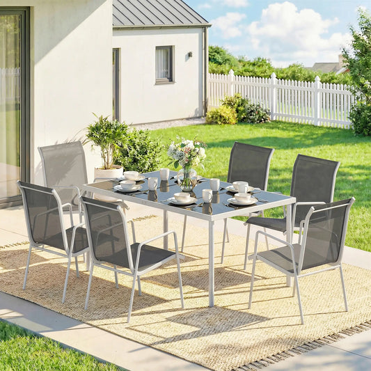 7 Piece Garden Dining Set, Rectangle Table, 6 Stackable Chairs Outdoor Dining Sets Grey, White, Black at Gallery Canada