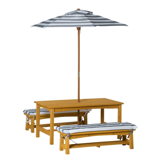 Kids Wooden Table Bench Set with Cushions, Outdoor Picnic Furniture with Removable Umbrella, for Backyard, Garden, Boys and Girls, Yellow - Gallery Canada