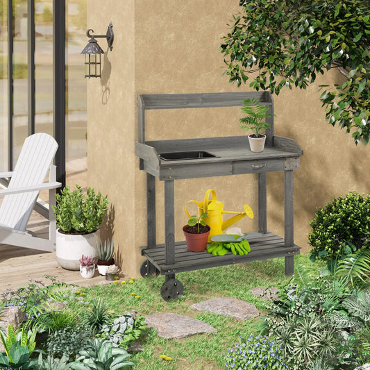 36 In Wooden Potting Bench With Sink, Drawer & Storage, Gray Potting Benches & Tables Grey at Gallery Canada