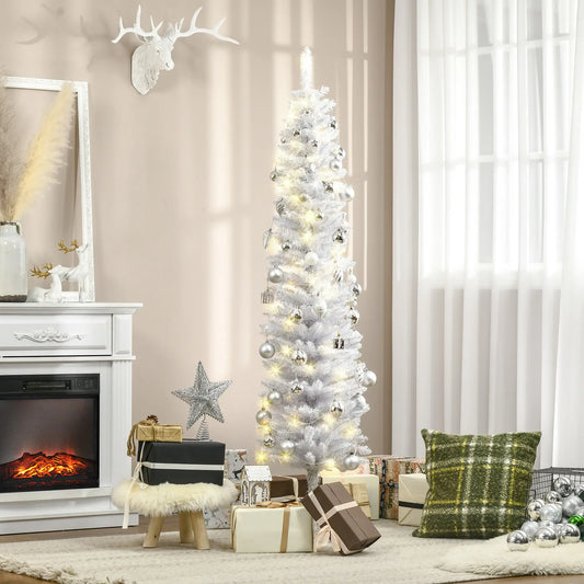 6ft Prelit Pencil Artificial Christmas Tree, 395 Branches, 100 LED Lights, White