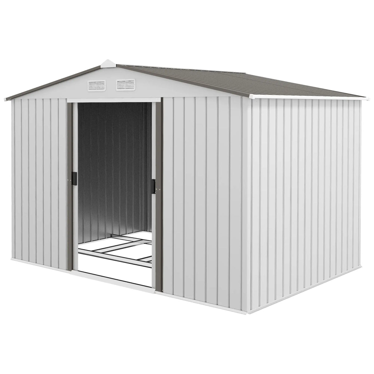 9.1' x 6.4' x 6.3' Garden Storage Shed, Foundation Kit, Metal Tool House, Double Doors, Silver