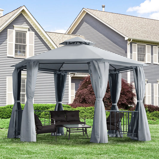 13ft Hexagon Gazebo, Outdoor Canopy Shelter, Netting, Shaded Curtains, Grey Gazebos Black and Grey at Gallery Canada