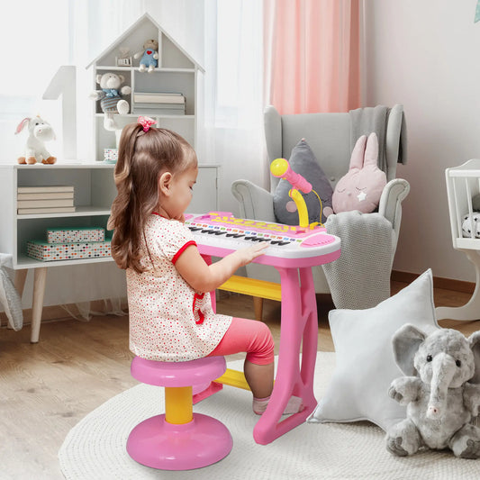 Kids Toy Piano Keyboard, Sitting Stool, Microphone, Flashlight, Pink Electronic Musical Pianos Pink, White at Gallery Canada