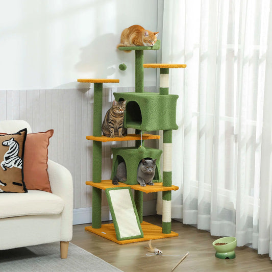 54" Cat Tree, Multi-Level Tower With Scratching Posts, Condos, Bed, Green Multi-Level Cat Towers Green, Yellow, Cream White at Gallery Canada
