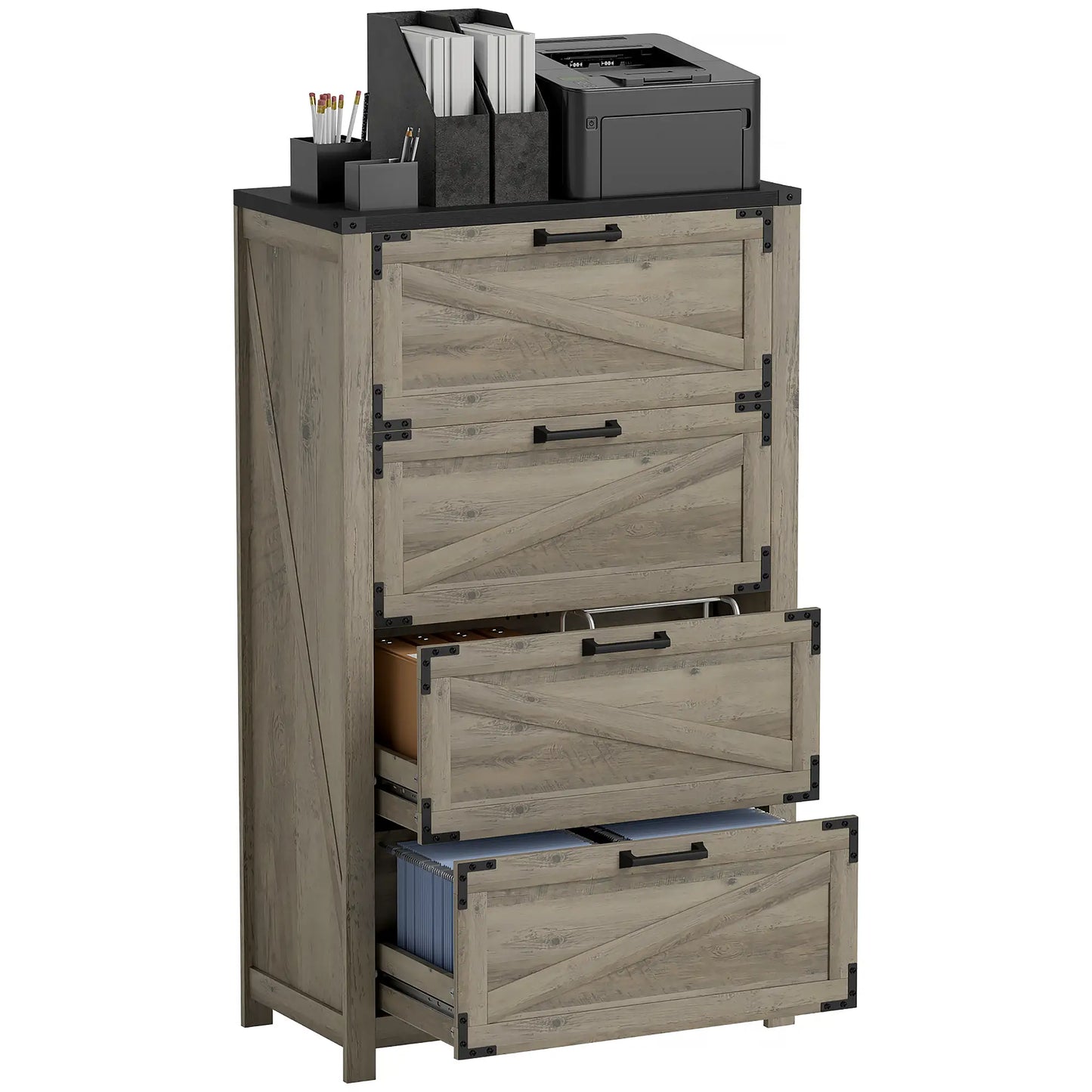 4 Drawer Filing Cabinet, Farmhouse Office Storage, Adjustable Hanging Bars, Letter, A4, Legal Size, Grey Office Cabinets & Cupboards at Gallery Canada