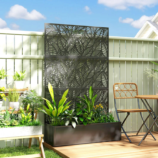 70" Metal Planter Box With Trellis, Raised Garden Bed, Leaves Cut-Out Galvanized Planter Boxes Black at Gallery Canada