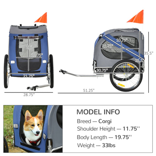 Dog Bike Trailer Pet Cart Bicycle Wagon Cargo Carrier Attachment Foldable for Travel, Blue and Grey