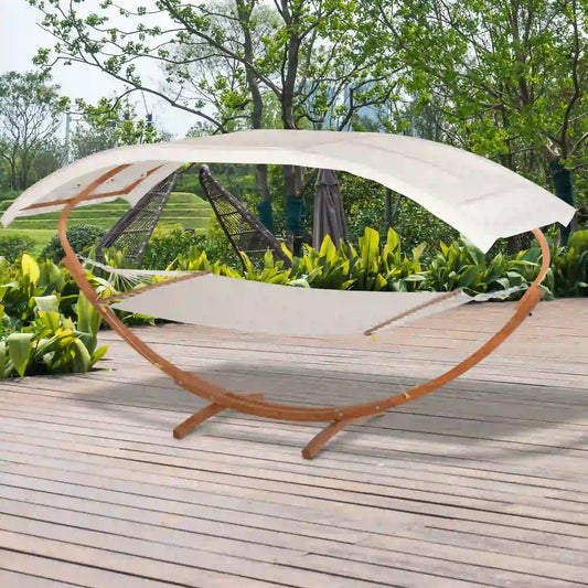 2 Person Wood Swing Hammock with Stand, Canopy, White/Teak Hammocks with Stand White/Teak at Gallery Canada