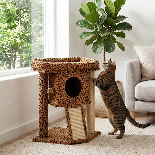 Cat Tree, Small Cat Tower with Perch, Scratching Post, Cat Condo, Toy Ball for Kitty, Leopard Print Compact Towers Leopard Print at Gallery Canada