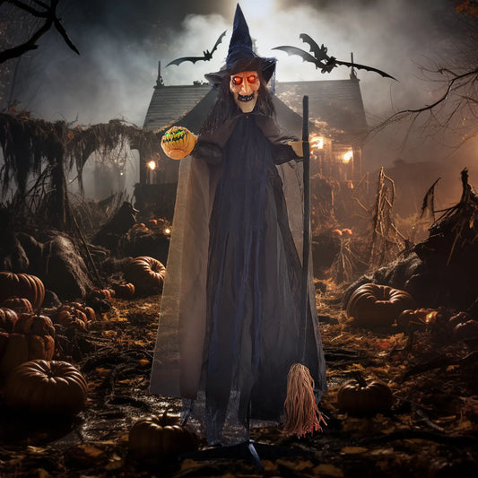 6.2' Animatronic Witch with Broomstick, Halloween Decoration, Motion Activated Halloween Decorations Brown, Grey, Blue at Gallery Canada