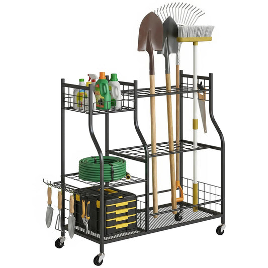 3-Tier Garden Tool Organizer, 74 Slots, 4 Wheels, 11 Hooks Garden Accessories Black at Gallery Canada