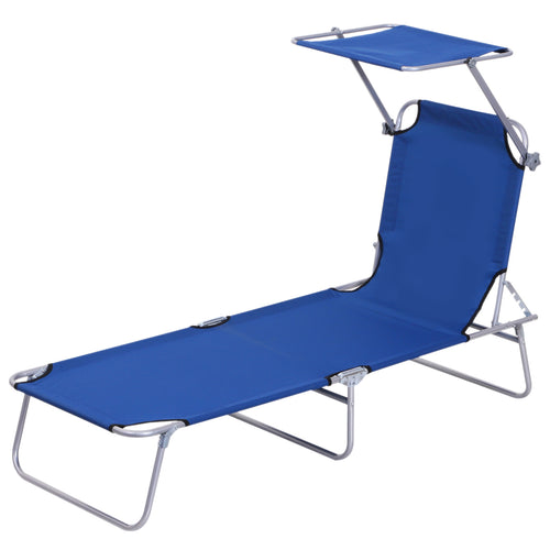 Outdoor Lounge Chair, Adjustable Folding Chaise Lounge, Tanning Chair with Sun Shade for Beach, Camping, Hiking, Backyard, Blue