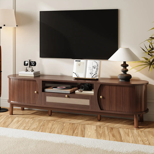 TV Stand, Solid Wood Doors, Drawers, 65" L x 14.5" W x 18" H, Natural Walnut TV Stands Natural Walnut at Gallery Canada