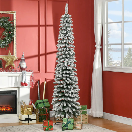 7ft Snow-Flocked Artificial Christmas Tree, Slim Pencil, 490 Branches, Metal Base, Green Pencil Christmas Trees Green at Gallery Canada