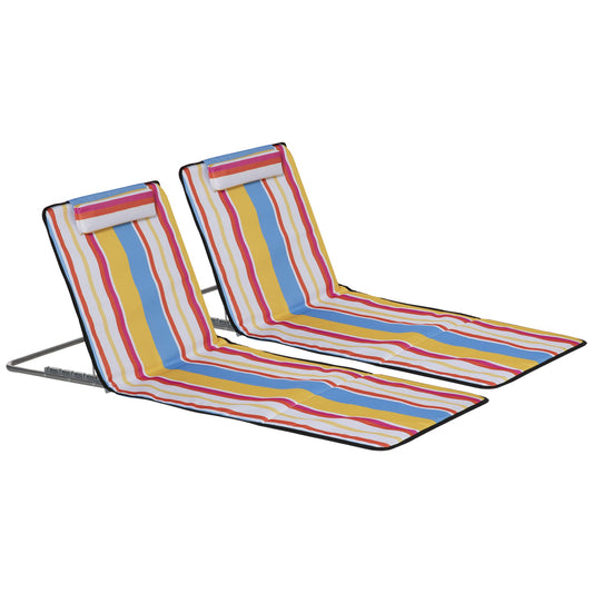 Set of 2 Beach Lounge Chair Sun Lounger Beach Mat, Padded Folding Ground Mat Lounge Chair w/Adjustable Back, Steel Frame, Head Pillow and Carry Bag for Backyard Lakeside, Colorful Stripes - Gallery Canada