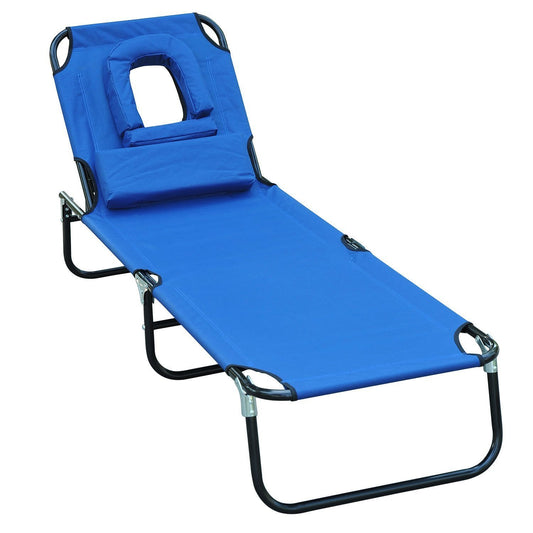 Adjustable Garden Sun Lounger w/ Reading Hole Outdoor Reclining Seat Folding Camping Beach Lounging Bed Blue
