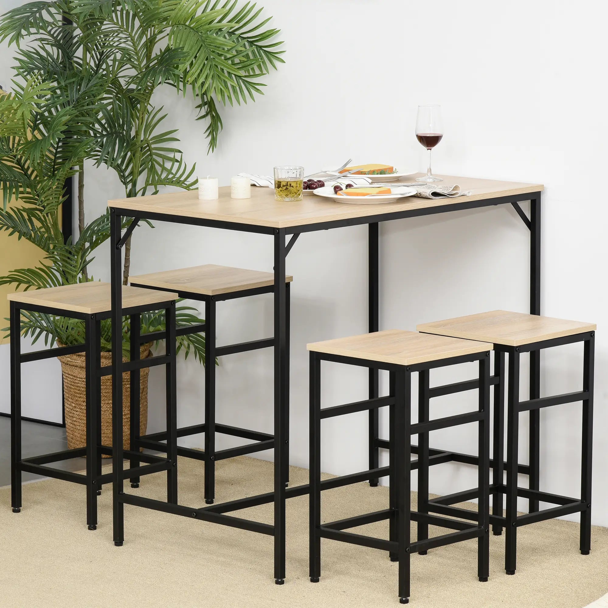 5-Piece Industrial Rectangular Bar Table Set, 4 Stools, Oak Bar Sets at Gallery Canada