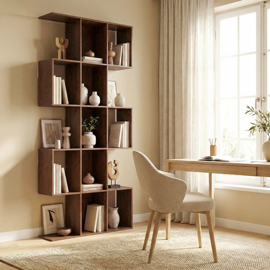 5-Tier S Shaped Geometric Bookshelf, 15 Compartments, Black Wood Grain, Black Display Bookshelves Black Wood Grain at Gallery Canada