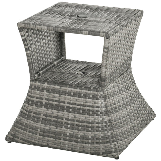 Rattan Wicker Side Table, 21.3" Square Outdoor End Table with Umbrella Hole 2-Tier Storage for Patio Garden Mixed Grey - Gallery Canada