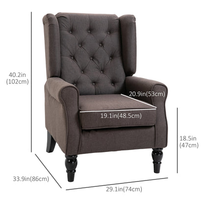 Fabric Accent Chair, Button Tufted Armchair, Modern Living Room Chair, Wingback Chair with Wood Legs, Rolled Arms, Thick Padding for Bedroom, Brown at Gallery Canada