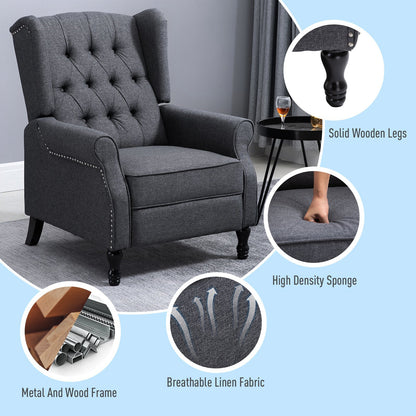 Fabric Recliner Chairs for Living Room, Push Back Reclining Chair with Wingback, Button Tufted, Nail Head Trim, Footrest, Dark Grey at Gallery Canada
