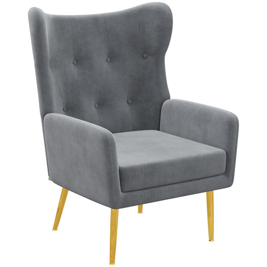 Fabric Wingback Armchair, Modern Accent Chair with Gold Metal Legs for Living Room, Bedroom, Home Office, Grey at Gallery Canada