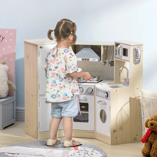 Wooden Play Kitchen with Lights, Sounds, Corner Playset, White Play Kitchen Oak, White at Gallery Canada