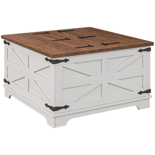 Farmhouse Coffee Table, Square Center Table with Flip-top Lids, Hidden Storage Compartment, White at Gallery Canada