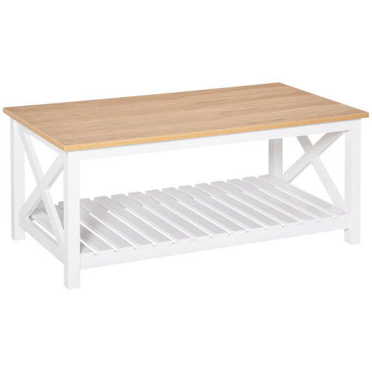 Farmhouse Coffee Table with Slatted Bottom Shelf, Center Table with X Bar Frame for Living Room, White, Natural - Gallery Canada