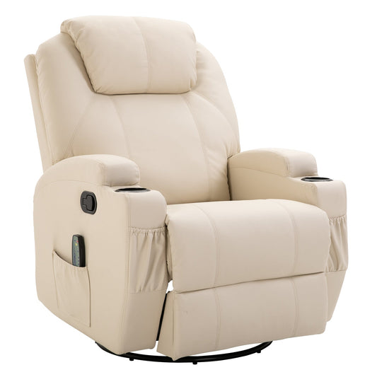 Faux Leather Recliner Chair with Massage, Vibration, Muti-function Padded Sofa Chair with Remote Control, 360 Degree Swivel Seat with Dual Cup Holders, Beige at Gallery Canada