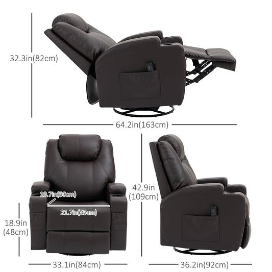 Faux Leather Recliner Chair with Massage, Vibration, Muti-function Padded Sofa Chair with Remote Control, 360 Degree Swivel Seat with Dual Cup Holders, Brown at Gallery Canada