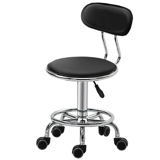 Faux Leather Salon Stool, Height Adjustable Rolling Stool with Footrest Ring, Back and Wheels for Beauty, Tattoo, Black - Gallery Canada