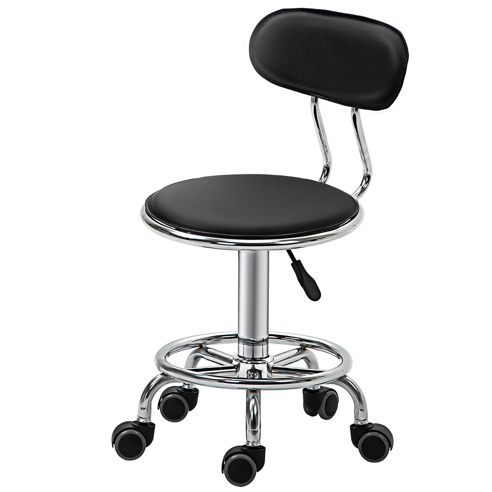 Faux Leather Salon Stool, Height Adjustable Rolling Stool with Footrest Ring, Back and Wheels for Beauty, Tattoo, Black at Gallery Canada