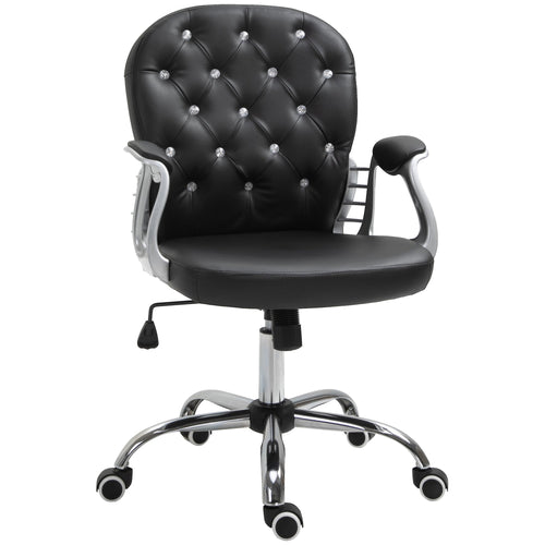 Faux Leather Vanity Office Chair, Button Tufted Swivel Chair with Adjustable Height, Padded Armrests and Tilt Function, Black