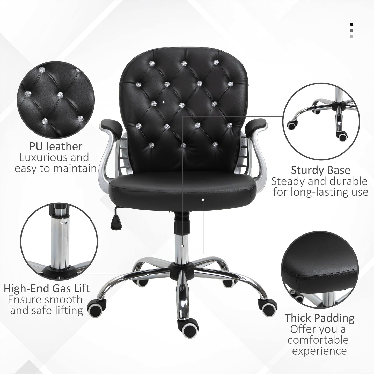 Faux Leather Vanity Office Chair, Button Tufted Swivel Chair with Adjustable Height, Padded Armrests and Tilt Function, Black at Gallery Canada