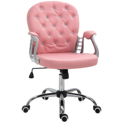 Faux Leather Vanity Office Chair, Button Tufted Swivel Chair with Adjustable Height, Padded Armrests and Tilt Function, Pink