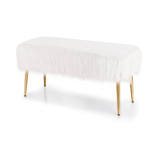 Upholstered Faux Fur Vanity Stool with Golden Legs for Makeup Room, White